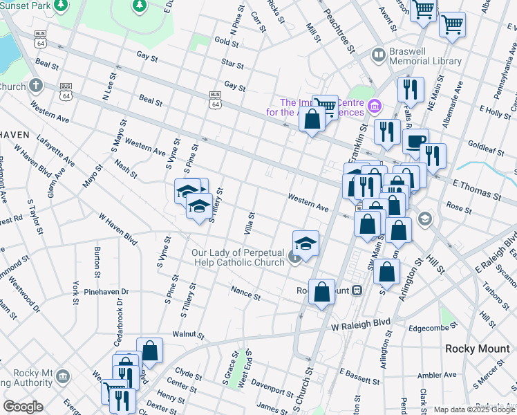 map of restaurants, bars, coffee shops, grocery stores, and more near 536 Nash Street in Rocky Mount
