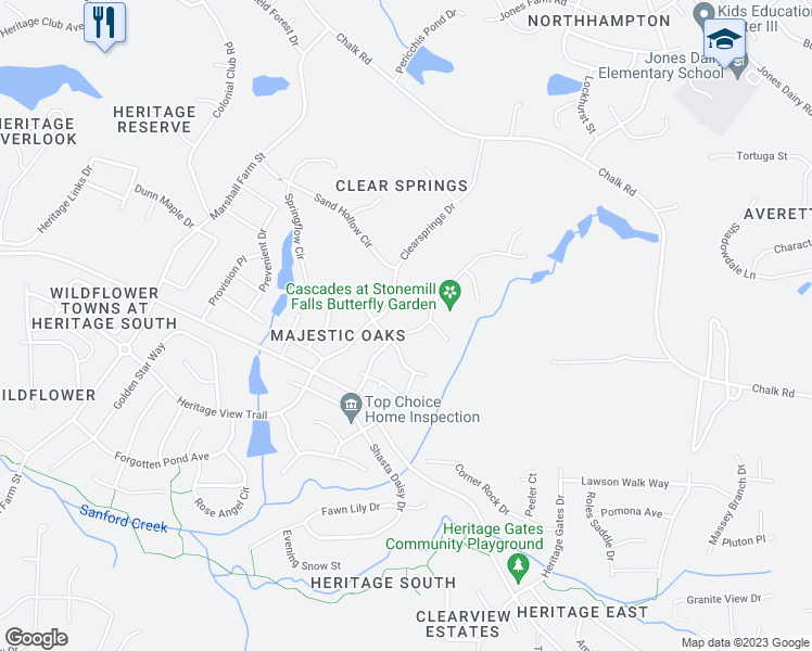 map of restaurants, bars, coffee shops, grocery stores, and more near 1445 Stonemill Falls Drive in Wake Forest