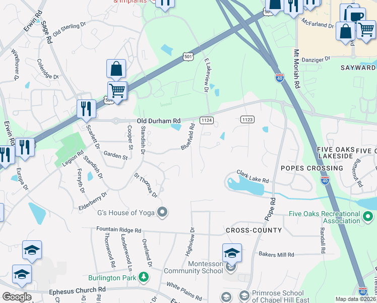 map of restaurants, bars, coffee shops, grocery stores, and more near 204 Charleston Lane in Chapel Hill