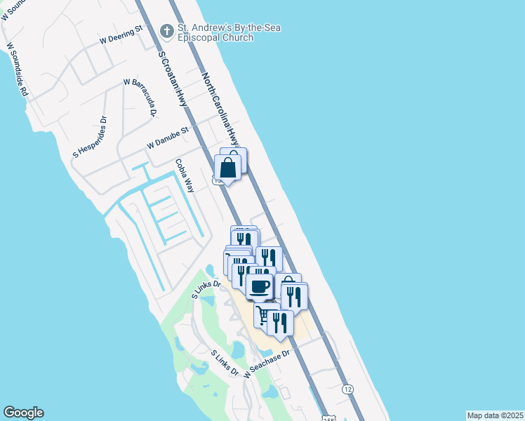 map of restaurants, bars, coffee shops, grocery stores, and more near 4811 Engagement Hill Loop in Nags Head