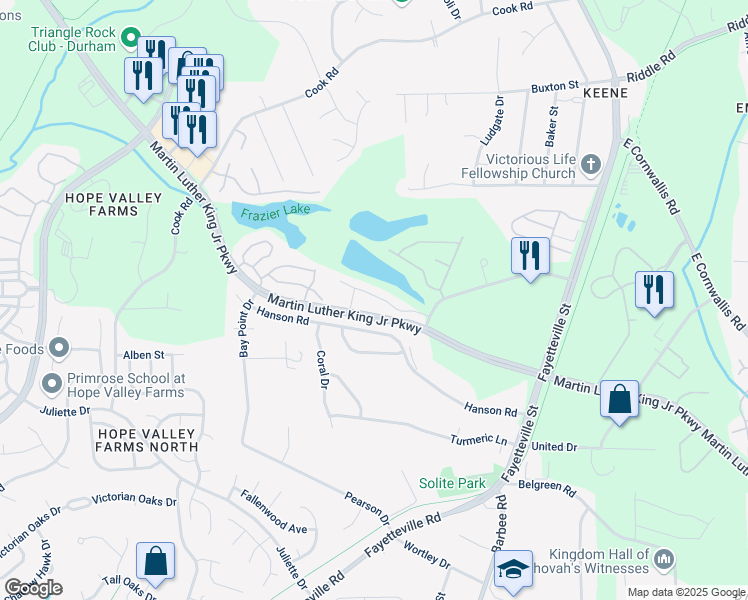 map of restaurants, bars, coffee shops, grocery stores, and more near 1059 Shoreside Drive in Durham