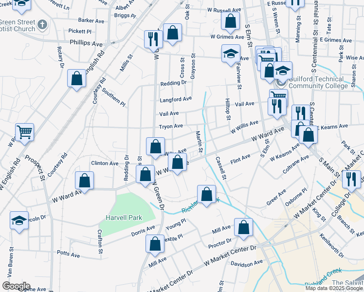 map of restaurants, bars, coffee shops, grocery stores, and more near 716 West Willis Avenue in High Point