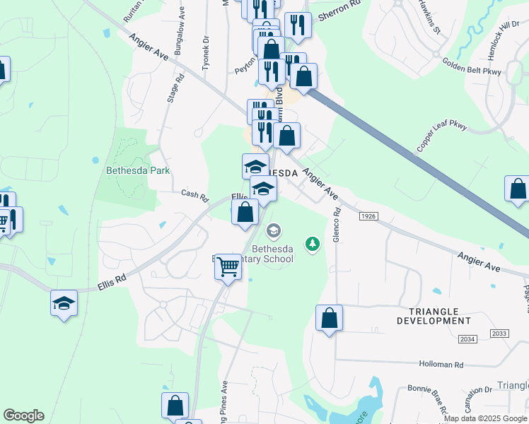 map of restaurants, bars, coffee shops, grocery stores, and more near 2009 South Miami Boulevard in Durham