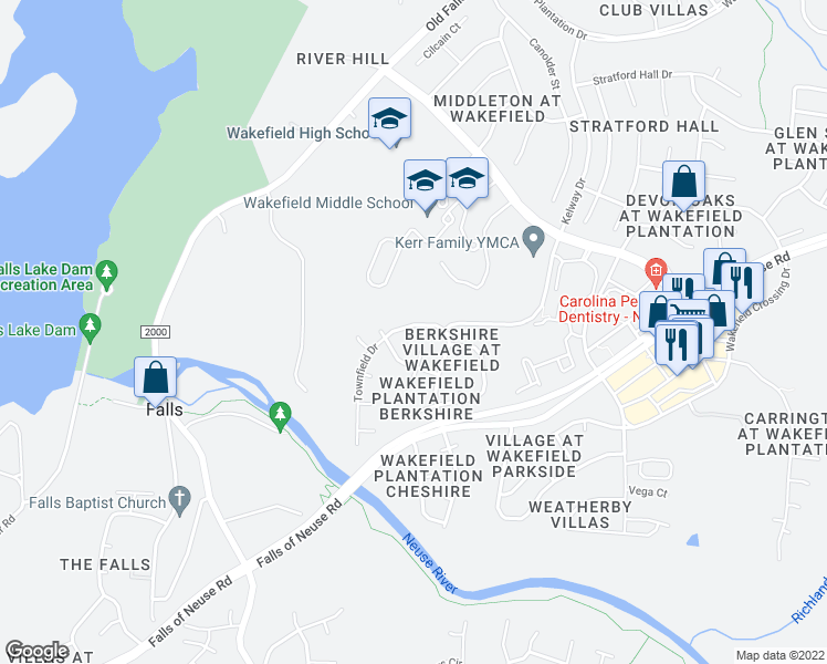 map of restaurants, bars, coffee shops, grocery stores, and more near 13021 Townfield Drive in Raleigh