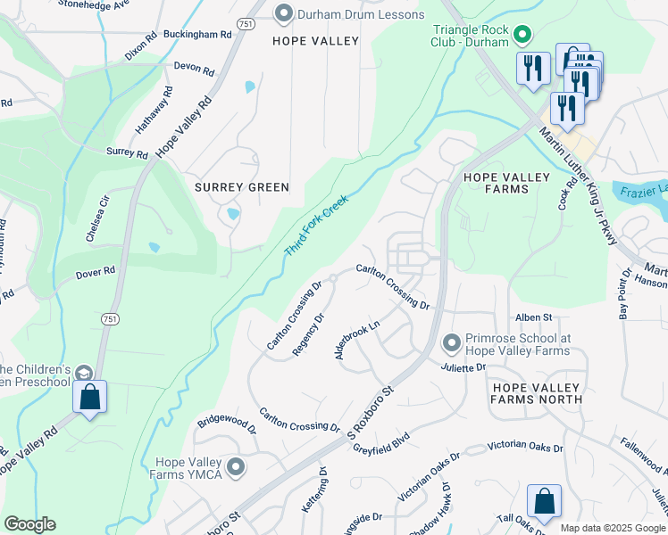 map of restaurants, bars, coffee shops, grocery stores, and more near 4602 Carlton Crossing Dr in Durham