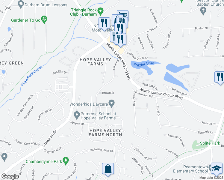 map of restaurants, bars, coffee shops, grocery stores, and more near 1123 Brown Street in Durham
