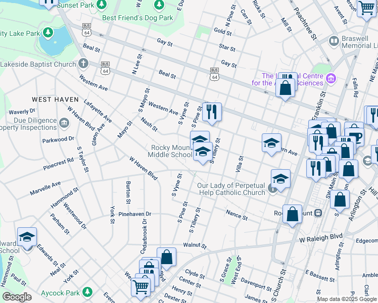 map of restaurants, bars, coffee shops, grocery stores, and more near 308 South Tillery Street in Rocky Mount