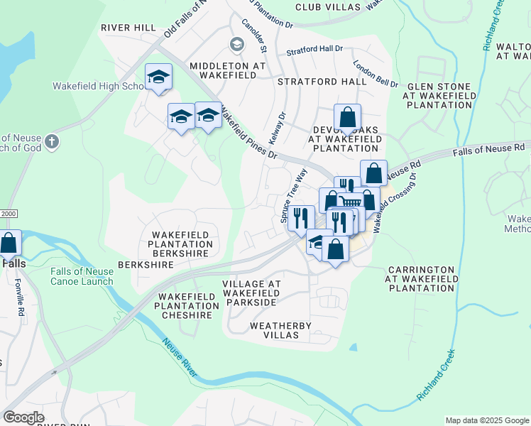 map of restaurants, bars, coffee shops, grocery stores, and more near 12110 Bedford Woods Drive in Raleigh