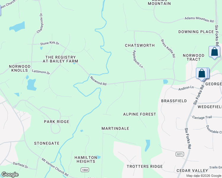 map of restaurants, bars, coffee shops, grocery stores, and more near 14032 Norwood Road in Raleigh