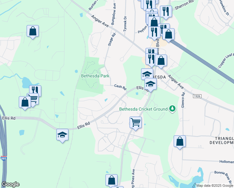 map of restaurants, bars, coffee shops, grocery stores, and more near 2 Suncrest Court in Durham