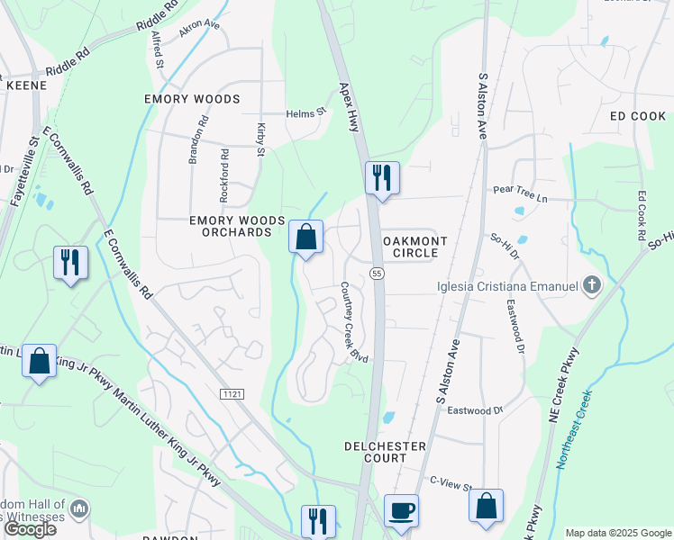 map of restaurants, bars, coffee shops, grocery stores, and more near 1402 Holly Grove Way in Durham