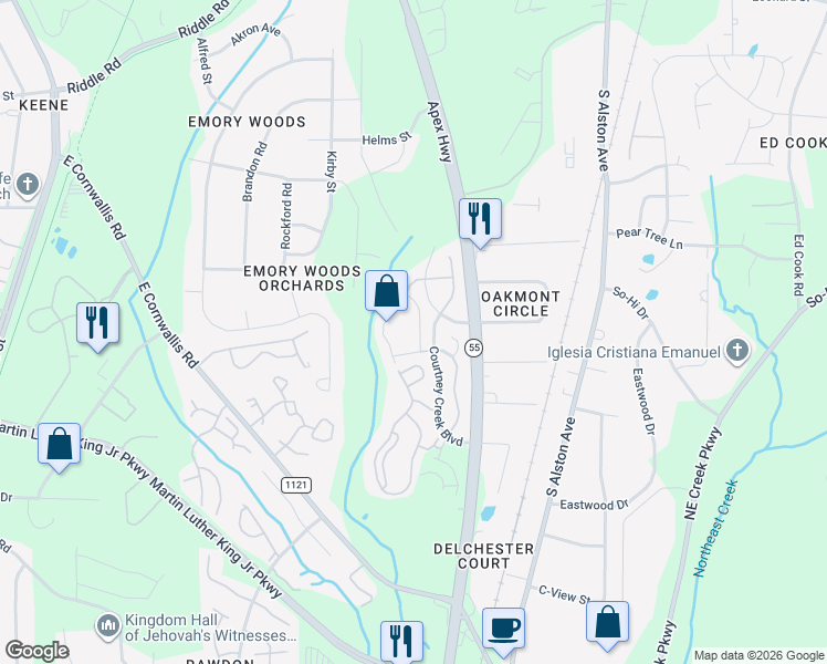map of restaurants, bars, coffee shops, grocery stores, and more near 1402 Holly Grove Way in Durham