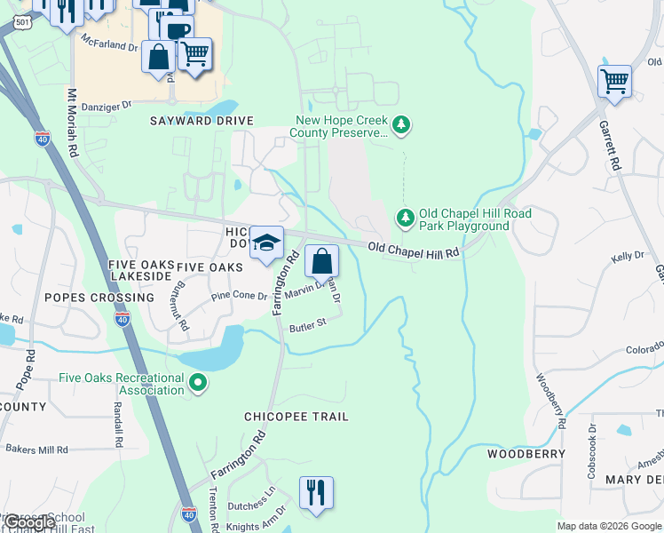 map of restaurants, bars, coffee shops, grocery stores, and more near 4804 Marvin Drive in Durham