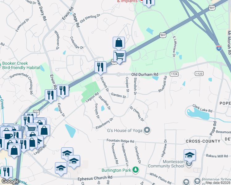 map of restaurants, bars, coffee shops, grocery stores, and more near 214 Scarlett Drive in Chapel Hill