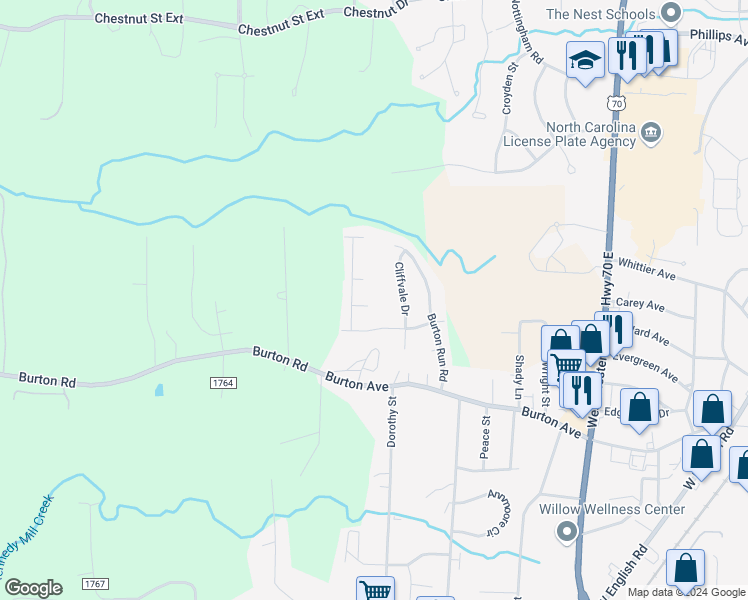 map of restaurants, bars, coffee shops, grocery stores, and more near 1205 Turney Court in High Point