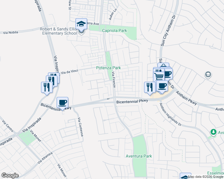 map of restaurants, bars, coffee shops, grocery stores, and more near 2385 Via Firenze in Henderson