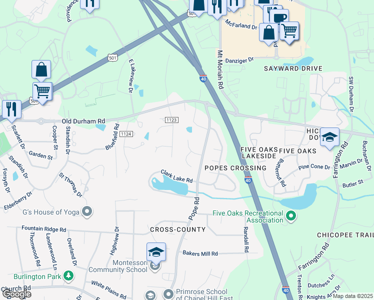map of restaurants, bars, coffee shops, grocery stores, and more near 105 Cricket Ground in Durham