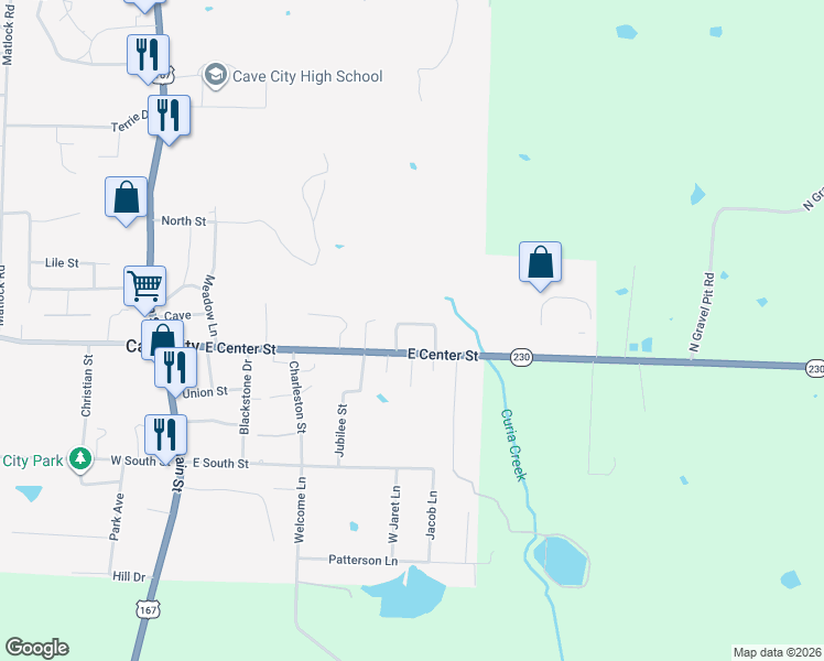 map of restaurants, bars, coffee shops, grocery stores, and more near 704 East Center Street in Cave City