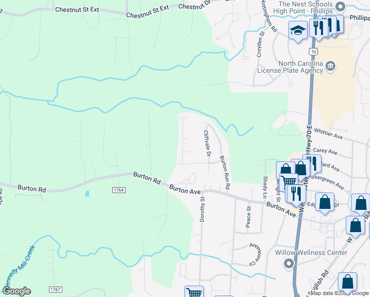 map of restaurants, bars, coffee shops, grocery stores, and more near 1220 Turney Court in High Point