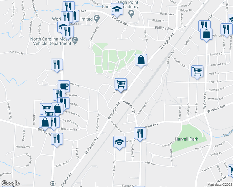 map of restaurants, bars, coffee shops, grocery stores, and more near 2005 Rotary Drive in High Point