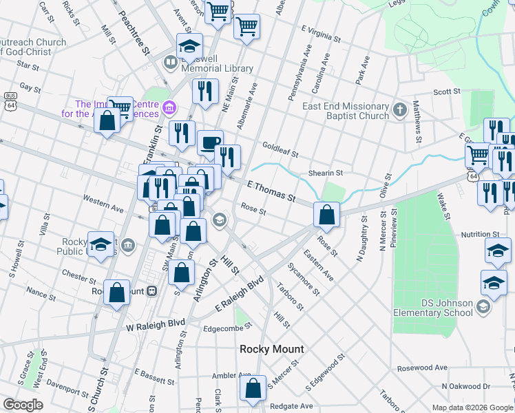 map of restaurants, bars, coffee shops, grocery stores, and more near 200 Lexington Street in Rocky Mount