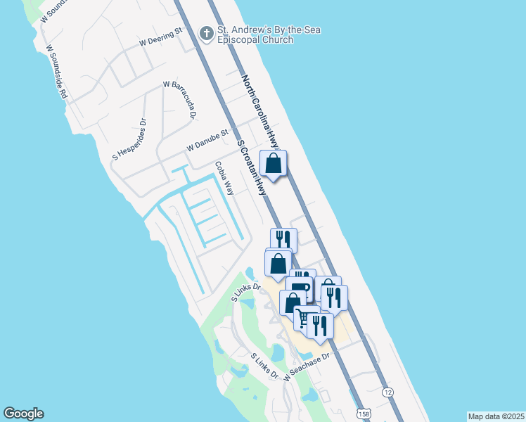 map of restaurants, bars, coffee shops, grocery stores, and more near 4728 Pompano Court in Nags Head