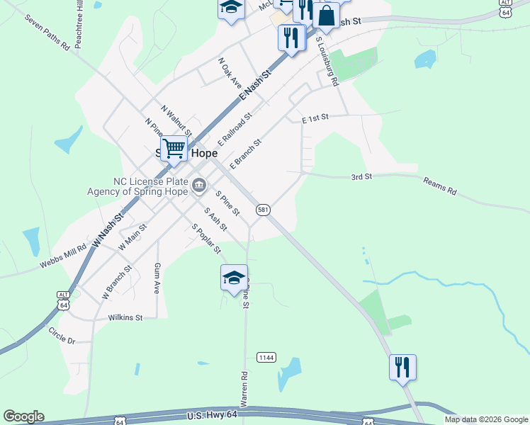 map of restaurants, bars, coffee shops, grocery stores, and more near 198 2nd St in Spring Hope