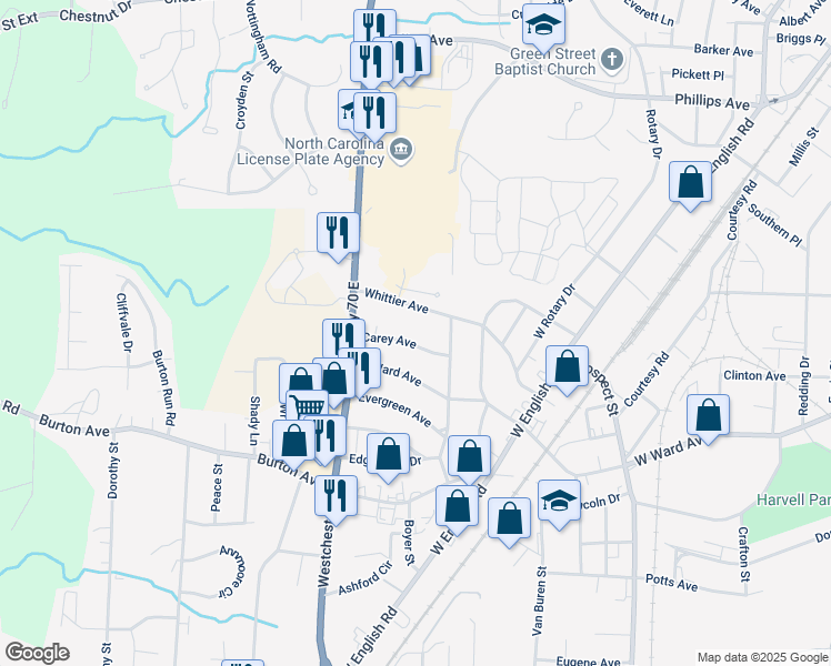 map of restaurants, bars, coffee shops, grocery stores, and more near 405 Carey Avenue in High Point