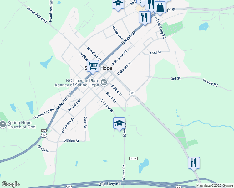 map of restaurants, bars, coffee shops, grocery stores, and more near 280 South Pine Street in Spring Hope