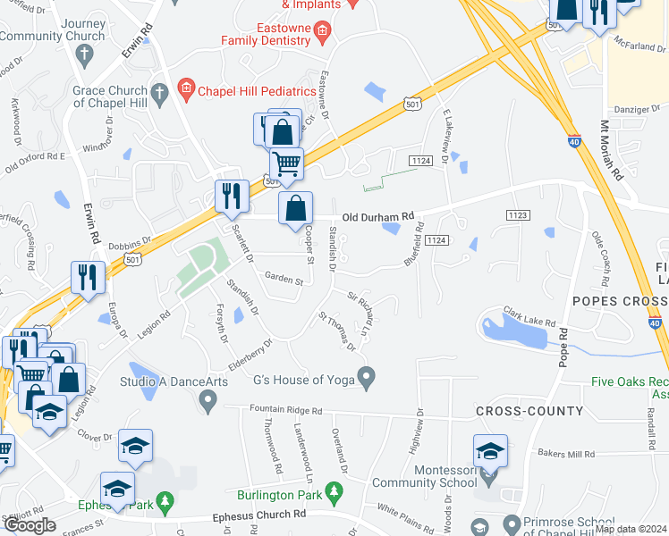 map of restaurants, bars, coffee shops, grocery stores, and more near 300 Standish Drive in Chapel Hill