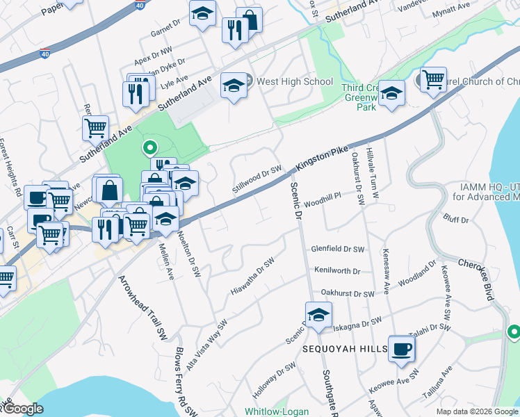 map of restaurants, bars, coffee shops, grocery stores, and more near Kingston Park Drive Southwest in Knoxville