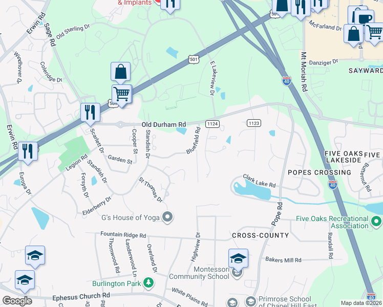 map of restaurants, bars, coffee shops, grocery stores, and more near 110 Bluefield Road in Chapel Hill