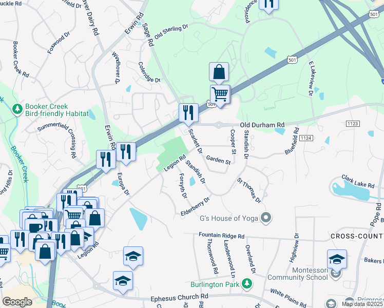 map of restaurants, bars, coffee shops, grocery stores, and more near 1736 Legion Road in Chapel Hill