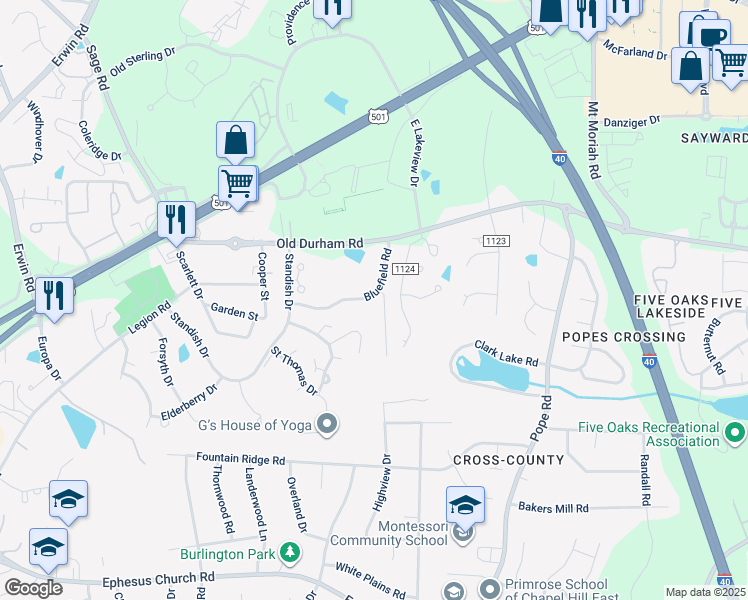 map of restaurants, bars, coffee shops, grocery stores, and more near 203 Bluefield Rd in Chapel Hill