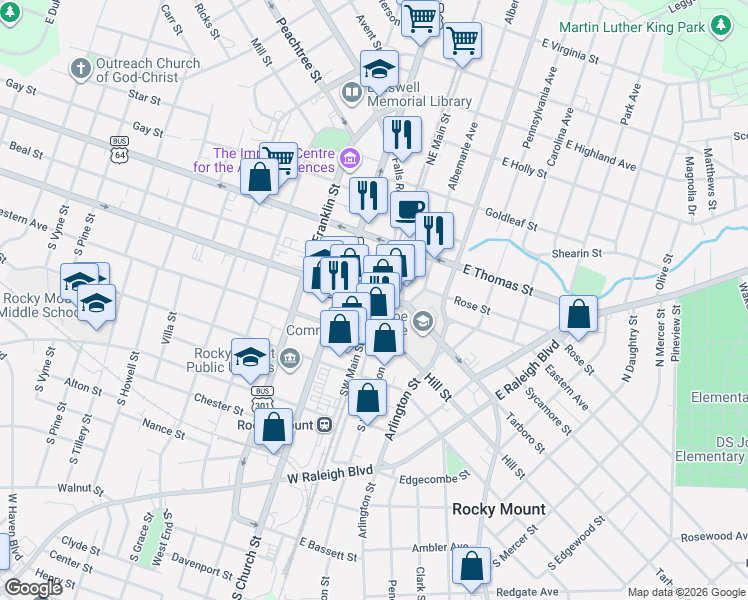 map of restaurants, bars, coffee shops, grocery stores, and more near 120 Sorsbys Alley in Rocky Mount