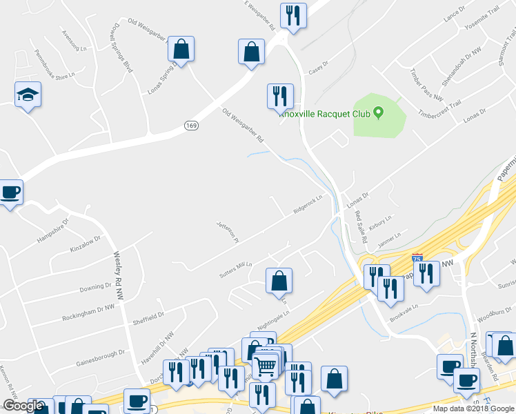 map of restaurants, bars, coffee shops, grocery stores, and more near 6517 Ridgerock Lane in Knoxville