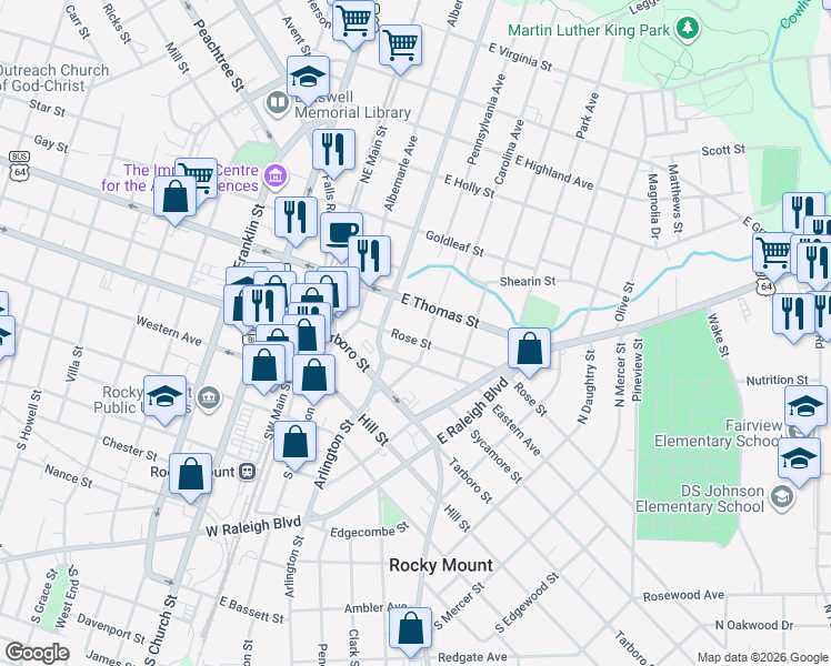map of restaurants, bars, coffee shops, grocery stores, and more near 319 East Thomas Street in Rocky Mount