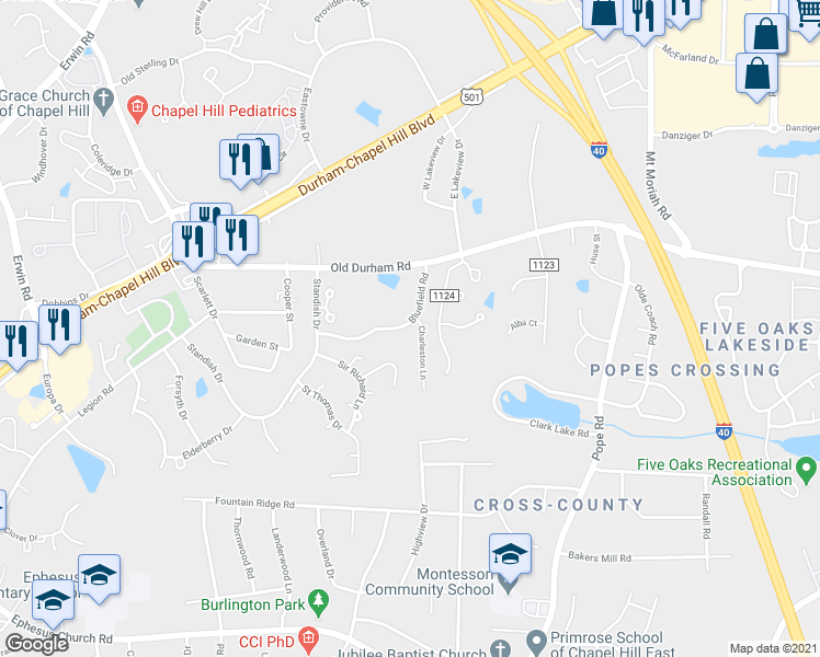 map of restaurants, bars, coffee shops, grocery stores, and more near 110 Bluefield Road in Chapel Hill