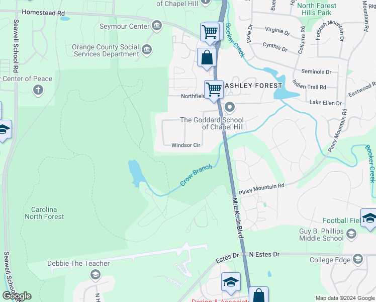 map of restaurants, bars, coffee shops, grocery stores, and more near 124 Windsor Circle in Chapel Hill