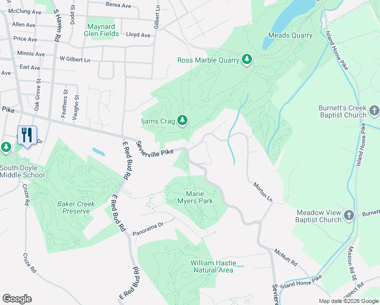 map of restaurants, bars, coffee shops, grocery stores, and more near 4528 Sevierville Pike in Knoxville