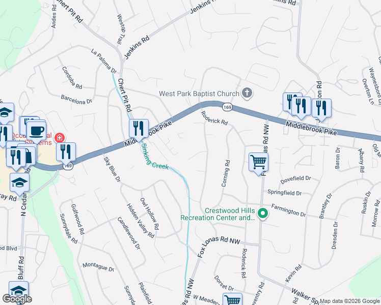 map of restaurants, bars, coffee shops, grocery stores, and more near 9020 Middlebrook Pike in Knoxville