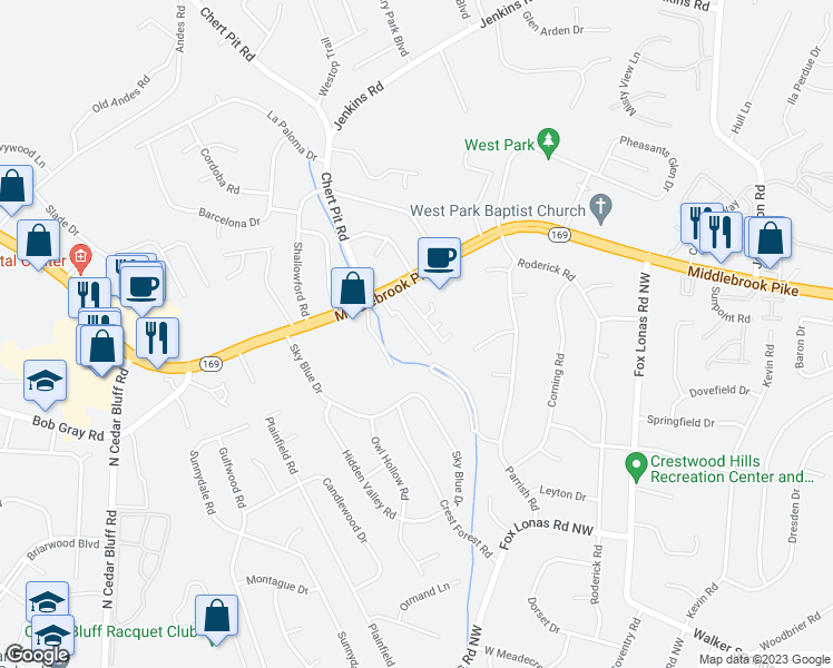 map of restaurants, bars, coffee shops, grocery stores, and more near 9030 Fountain Brook Lane in Knoxville