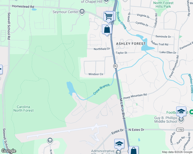 map of restaurants, bars, coffee shops, grocery stores, and more near 124 Windsor Circle in Chapel Hill