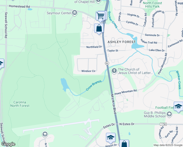map of restaurants, bars, coffee shops, grocery stores, and more near 123 Windsor Circle in Chapel Hill