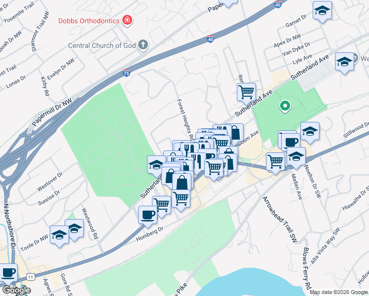 map of restaurants, bars, coffee shops, grocery stores, and more near 4043 Sutherland Avenue in Knoxville