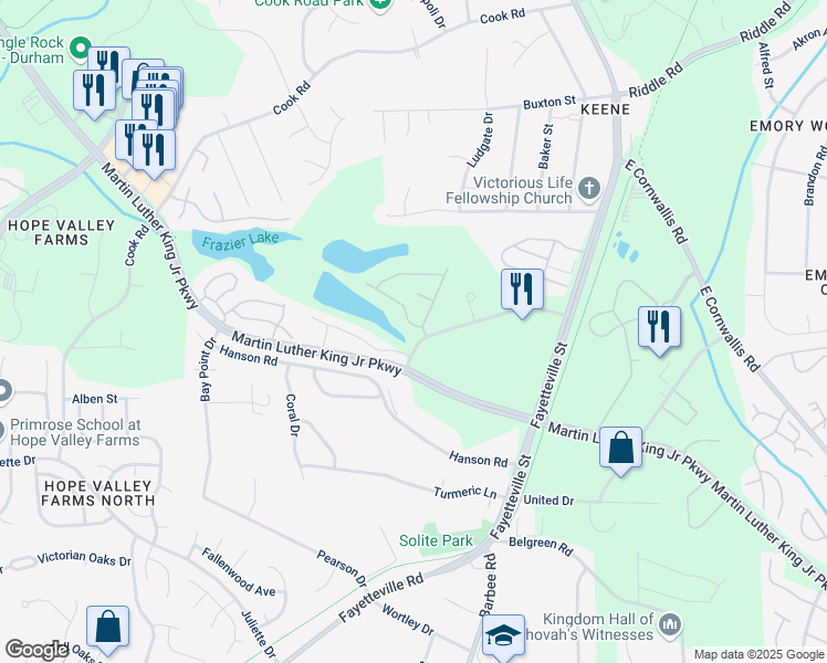 map of restaurants, bars, coffee shops, grocery stores, and more near 130 Stratford Lakes Drive in Durham