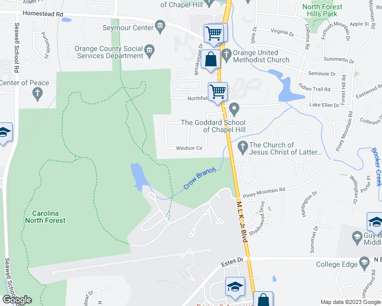 map of restaurants, bars, coffee shops, grocery stores, and more near 123 Windsor Circle in Chapel Hill