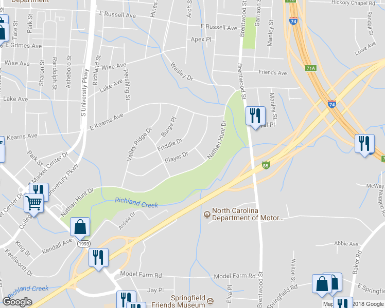 map of restaurants, bars, coffee shops, grocery stores, and more near 422 Player Drive in High Point