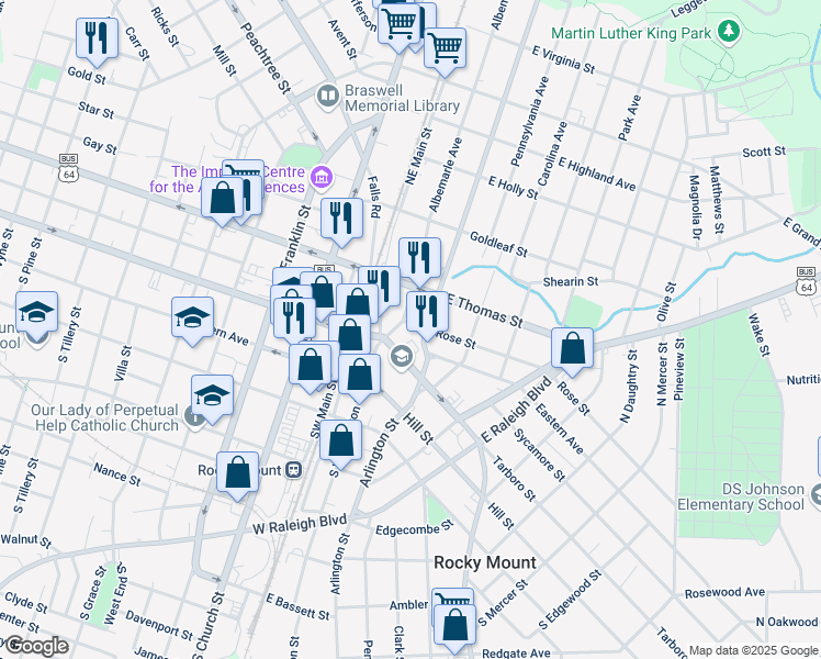 map of restaurants, bars, coffee shops, grocery stores, and more near 213 Rose Street in Rocky Mount
