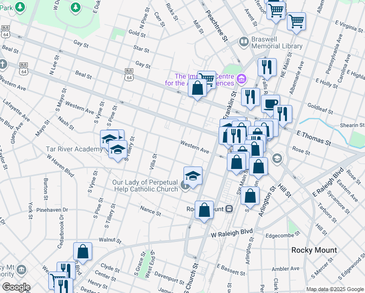 map of restaurants, bars, coffee shops, grocery stores, and more near 128 South Grace Street in Rocky Mount